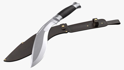 Modern Kukri knife with a leather scabbard. 3D rendering