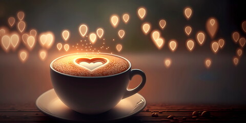 Fototapeta premium Cup of latte coffee with heart on blurred bokeh background Generative AI