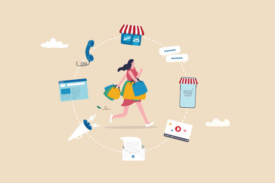 Omnichannel marketing, multi channel for customer to buy products, young woman customer with shopping bags buying from multi channel store, website, mobile and other chat and call center.