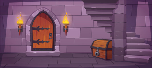 Dungeon door in medieval castle with wood chest and stairs cartoon game background. Brick wall from stone and ancient torch near wood gate vector illustration. Closed entrance to portal in catacombs