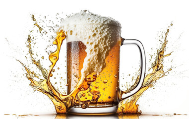 glass of foamy beer with splashes. full mug of light golden lager with splash on white background of isolate. Generative AI