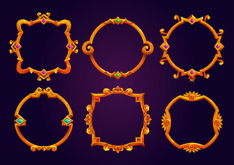 Set of fantasy round game frames isolated on background. Vector cartoon illustration of fancy medieval borders made of gold, decorated with ornament and gems. Ui symbol of royal rank, level