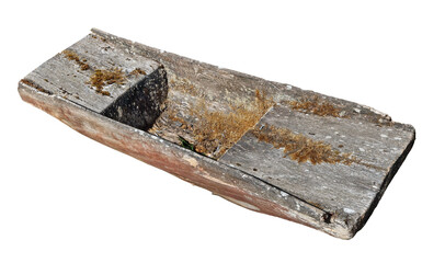 Homemade rotten wooden trough isolated on white