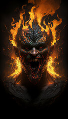 Devil man burning on dark background