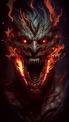 Devil man burning on dark background