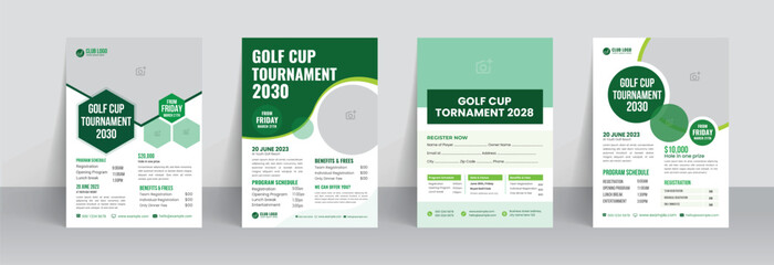Golf tournament flyer template with sports event poster and annual brochure cover design - obrazy, fototapety, plakaty