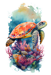 Watercolor of sea turtle, turtle swimming underwater in the ocean, Generative AI