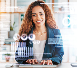 Businesswoman, computer and portrait smile in analytics typing on keyboard for data entry or information at office. Happy female manager in analysis, marketing or corporate statistics on overlay - obrazy, fototapety, plakaty