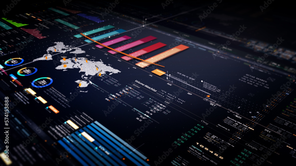 Aufkleber Business stock market, trading, info graphic with animated graphs, charts and data numbers insight analysis to be shown on monitor display screen for business meeting mock up theme