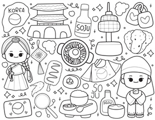 Korean famous landmarks and symbol outline cartoon