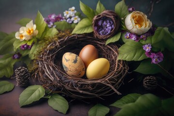 Obraz na płótnie Canvas Happy Easter concept with easter eggs in nest and spring flowers.generative Ai