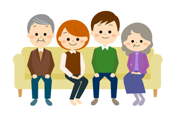 ソファに集まっている2世代家族（秋冬）