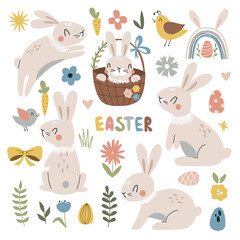 Obraz premium Easter cute bunny with painted eggs set. Adorable easter rabbit with traditional festive decor and calligraphy lettering.