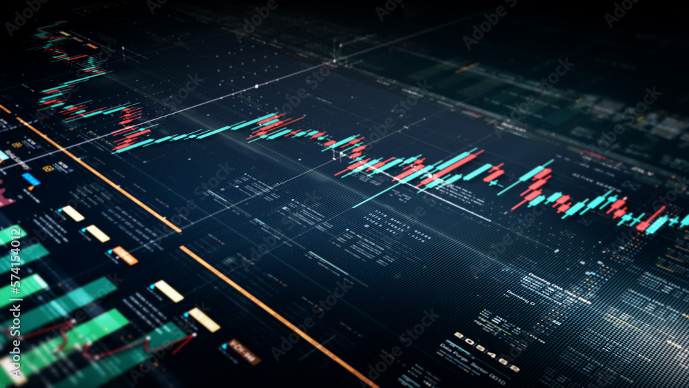 Aufkleber Business stock market, trading, info graphic with animated graphs, charts and data numbers insight analysis to be shown on monitor display screen for business meeting mock up theme