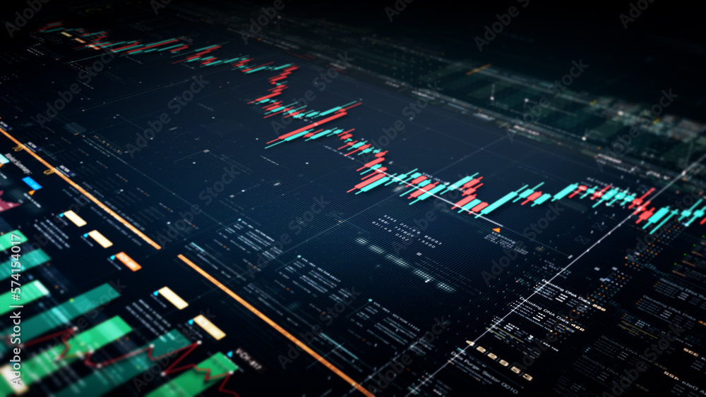 Aufkleber Business stock market, trading, info graphic with animated graphs, charts and data numbers insight analysis to be shown on monitor display screen for business meeting mock up theme