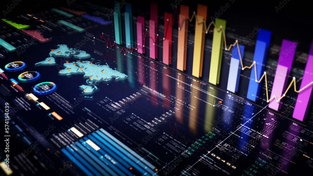 Aufkleber business stock market, trading, info graphic with animated graphs, charts and data numbers insight a