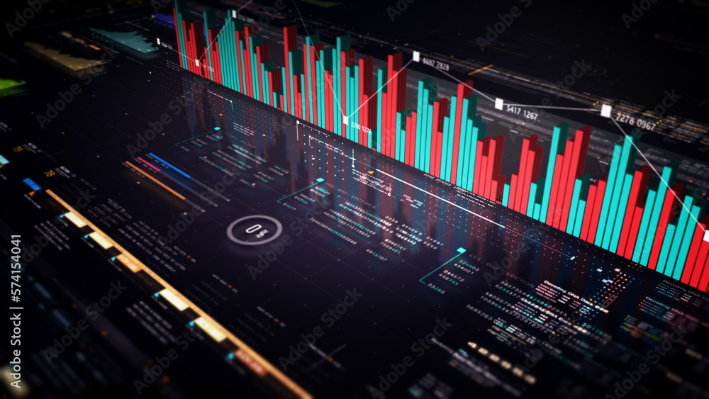Poster Business stock market, trading, info graphic with animated graphs, charts and data numbers insight analysis to be shown on monitor display screen for business meeting mock up theme