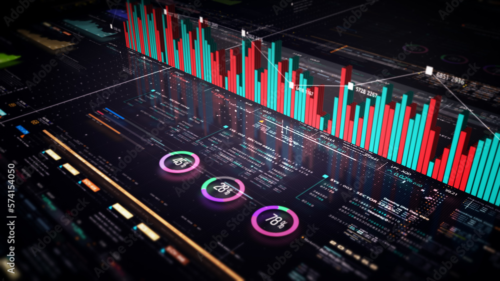 Poster business stock market, trading, info graphic with animated graphs, charts and data numbers insight a