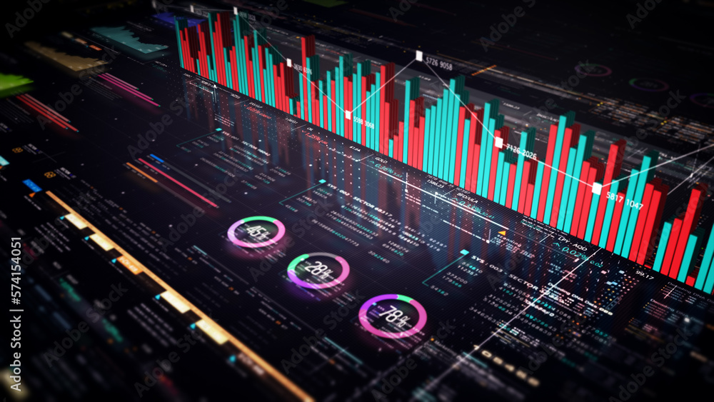 Poster business stock market, trading, info graphic with animated graphs, charts and data numbers insight a