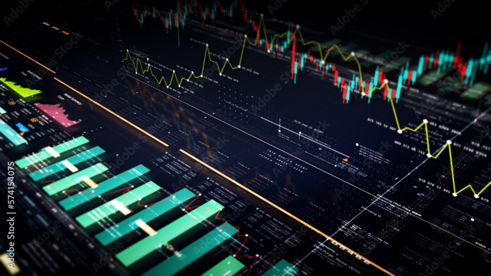 Poster Business stock market, trading, info graphic with animated graphs, charts and data numbers insight analysis to be shown on monitor display screen for business meeting mock up theme