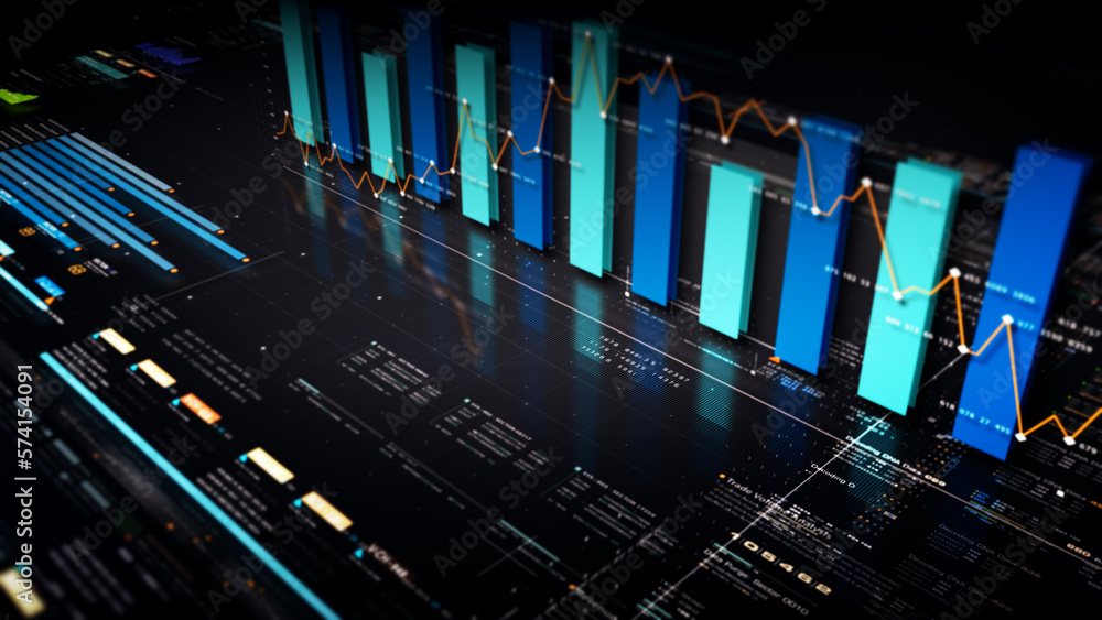 Poster Business stock market, trading, info graphic with animated graphs, charts and data numbers insight analysis to be shown on monitor display screen for business meeting mock up theme