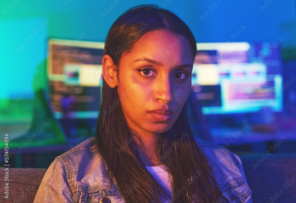 Leinwandbilder hacker, portrait or serious face in neon house with cybersecurity ransomware ideas, phishing vision 