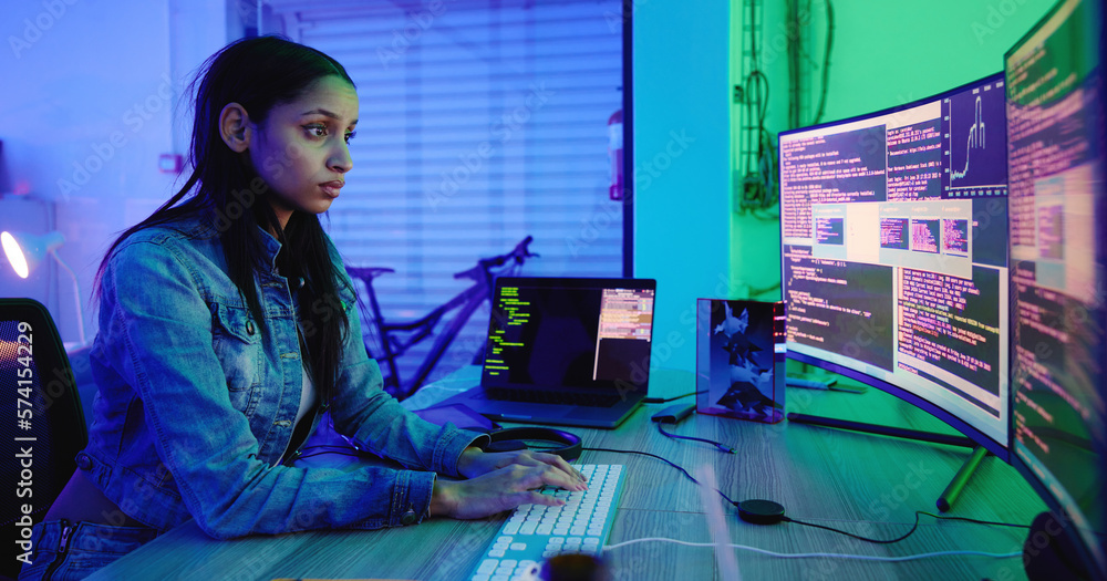 Poster Serious developer, code and computer screen in neon programming, cybersecurity analytics or SEO night strategy. Programmer, woman and hacker technology coding on dark software, iot safety or password