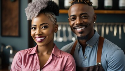 Empowering Confidence and Relationship in the Workplace: Celebrating National Couple's Day with Diversity Inclusivity in the Industry with African American Barber Couple (generative AI