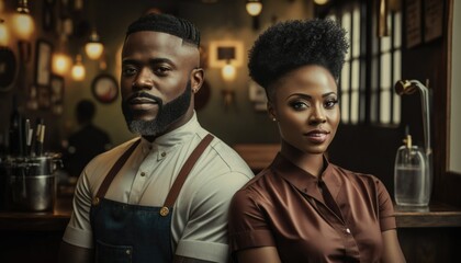 Obraz premium Empowering Confidence and Relationship in the Workplace: Celebrating National Couple's Day with Diversity Inclusivity in the Industry with African American Barber Couple (generative AI