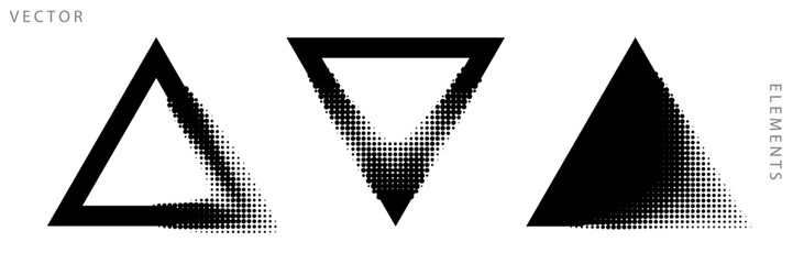 Set of Triangular Graphic Elements. Grunge Halftone Texture. Blurry Geometric Shapes. Vector Monochrome Illustration.