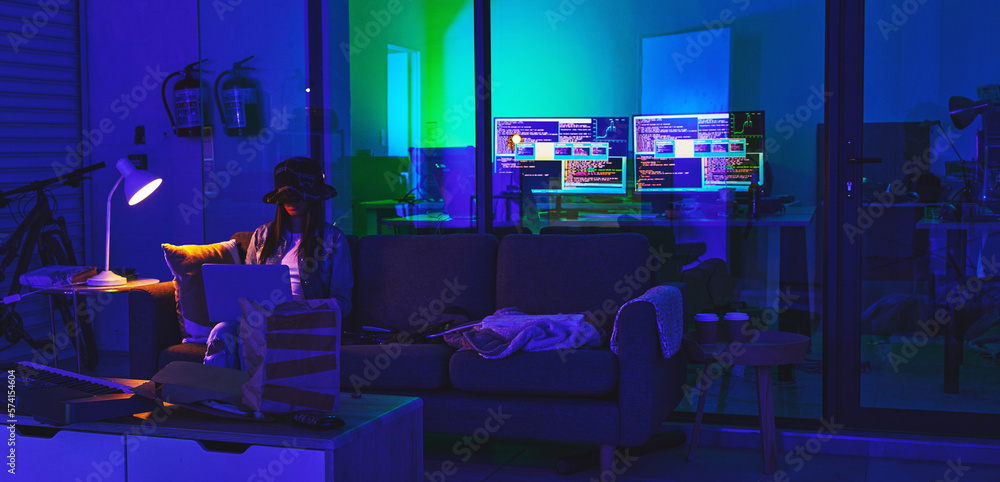 Poster Hacker, cyber security and code with woman, dark with computer screen and hacking, digital scam with technology abstract. Firewall, neon and crime with female, programming and malware with virus