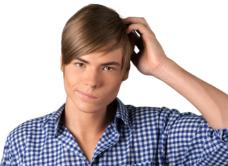 Portrait of young handsome man in blue shirt isolated on white background