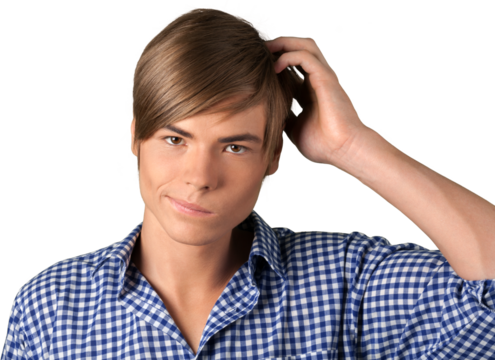 Portrait of young handsome man in blue shirt isolated on white background