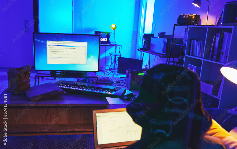 Leinwandbilder Dark, coding and woman with a computer for hacking, data thief and stealing database information. Criminal, scam and hacker in a room at night for software password, server and network fraud online