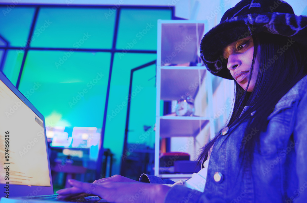 Leinwandbilder Hacker, laptop screen or neon coding on cybersecurity ransomware, SEO night phishing or code programming. Programmer, developer or woman on technology for dark web software, iot glitch or safety scam
