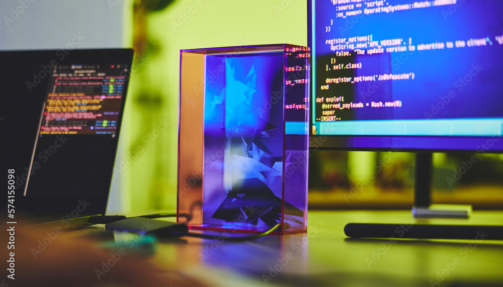 Leinwandbilder Computer screen, code and desk with programming, technology abstract with web design or cyber security with laptop. Coding, IT and software update, neon and prism with safety against malware and ux