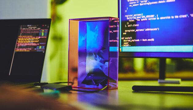 Computer screen, code and desk with programming, technology abstract with web design or cyber security with laptop. Coding, IT and software update, neon and prism with safety against malware and ux