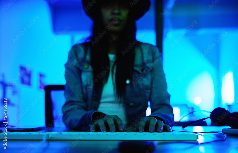 Leinwandbilder Hacker, keyboard or typing hands in neon coding, cybersecurity ransomware SEO or night phishing programming. Programmer, woman or developer code on dark web 3.0, iot bug software or safety scam 404
