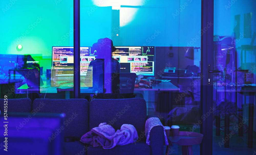 Aufkleber Hacker, back or computer screen in neon programming, cybersecurity ransomware or SEO night phishing in basement. Programmer, developer or woman on technology coding for dark software, iot bug or scam