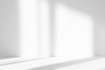 Abstract white studio background for product presentation. Empty room with shadows of window. Display product with blurred backdrop.