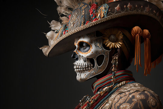 Man Dressed as Skeleton with Vibrant Makeup for Mexican Day of the Dead Celebration, Elaborate and Festive Costume, People in costume - Generative AI