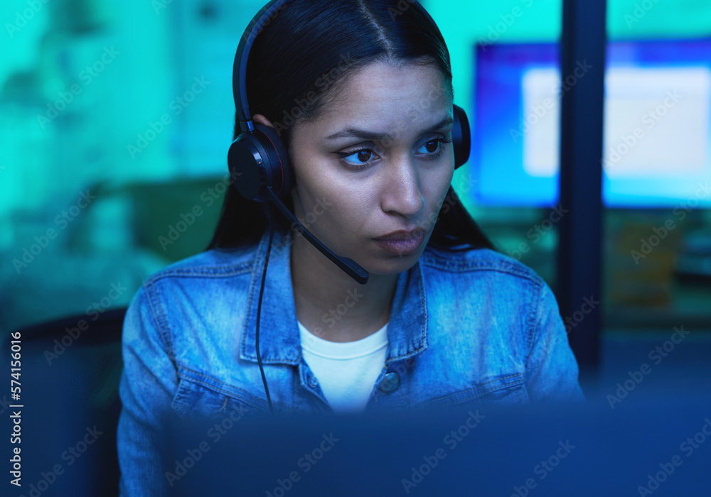 Leinwandbilder Serious woman, computer or headphones in neon home for iot coding, night seo programming or code cybersecurity. Programmer, developer or desktop technology and music or podcast for ux ideas planning