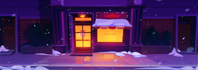 Cartoon cafe exterior with Christmas decoration and winter snowfall. Vector illustration of coffee shop building facade with color garland, illuminated door and window, empty city street sidewalk