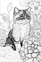 black and white adult coloring book illustration, nature