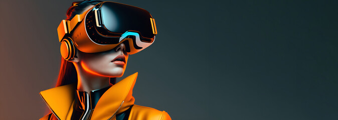 woman wearing VR glasses futuristic fashion copy space background