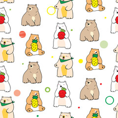 Seamless Pattern with Cartoon Bear Characters on White Background