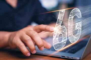 Businessman touching Virtual Reality screen. Future technology 6G network wireless systems and internet of things. Wifi and Smart city communication networks on smartphones, Global wireless devices