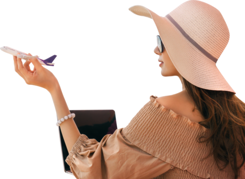 Young adult asian traveler woman holding airplane cutout isolated transparent background - Powered by Adobe