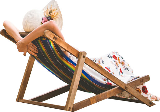 Rear View Of Relax Traveler Asian Woman Sitting On Beach Chair Isolated Transparent Background