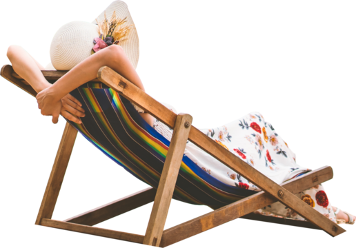 Rear view of relax traveler asian woman sitting on beach chair isolated transparent background